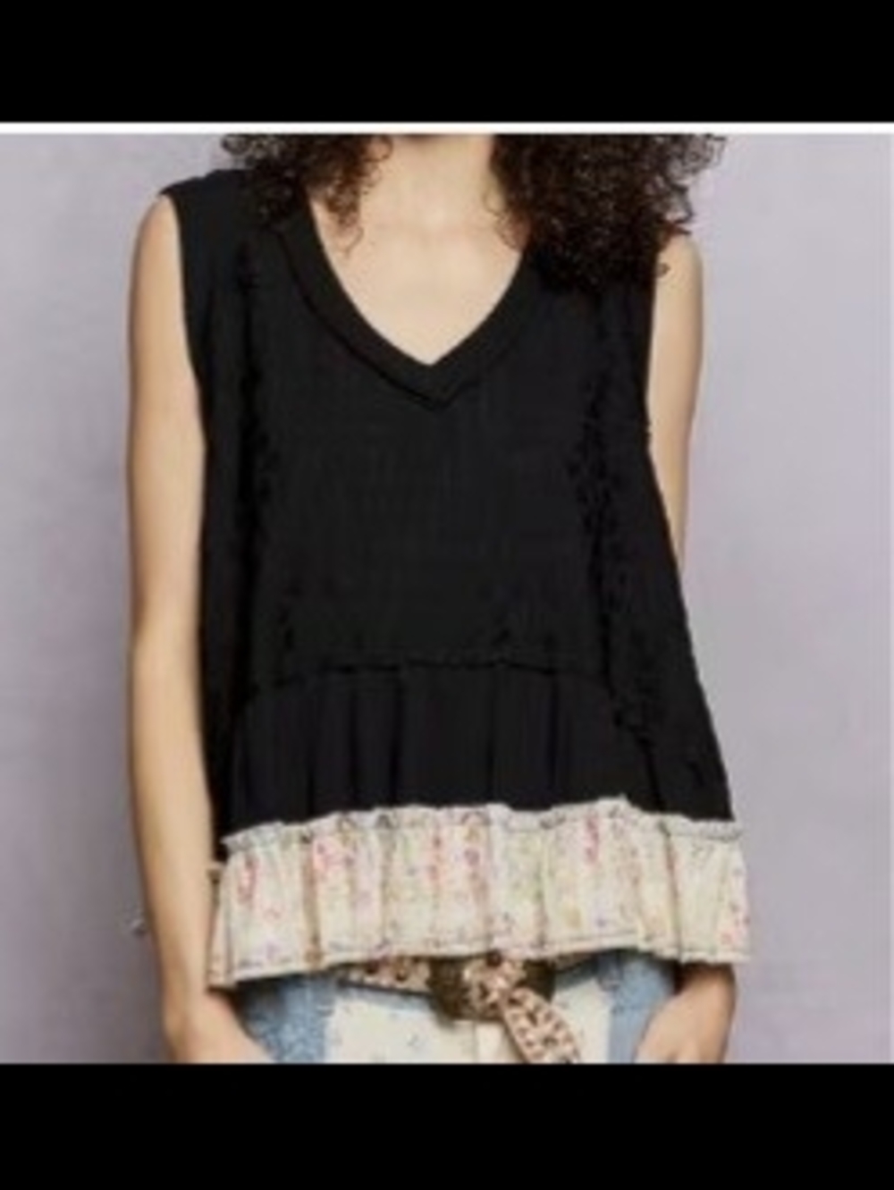 Women's POL New Black Sleeveless V-Neck Peplum Top with Floral Hem